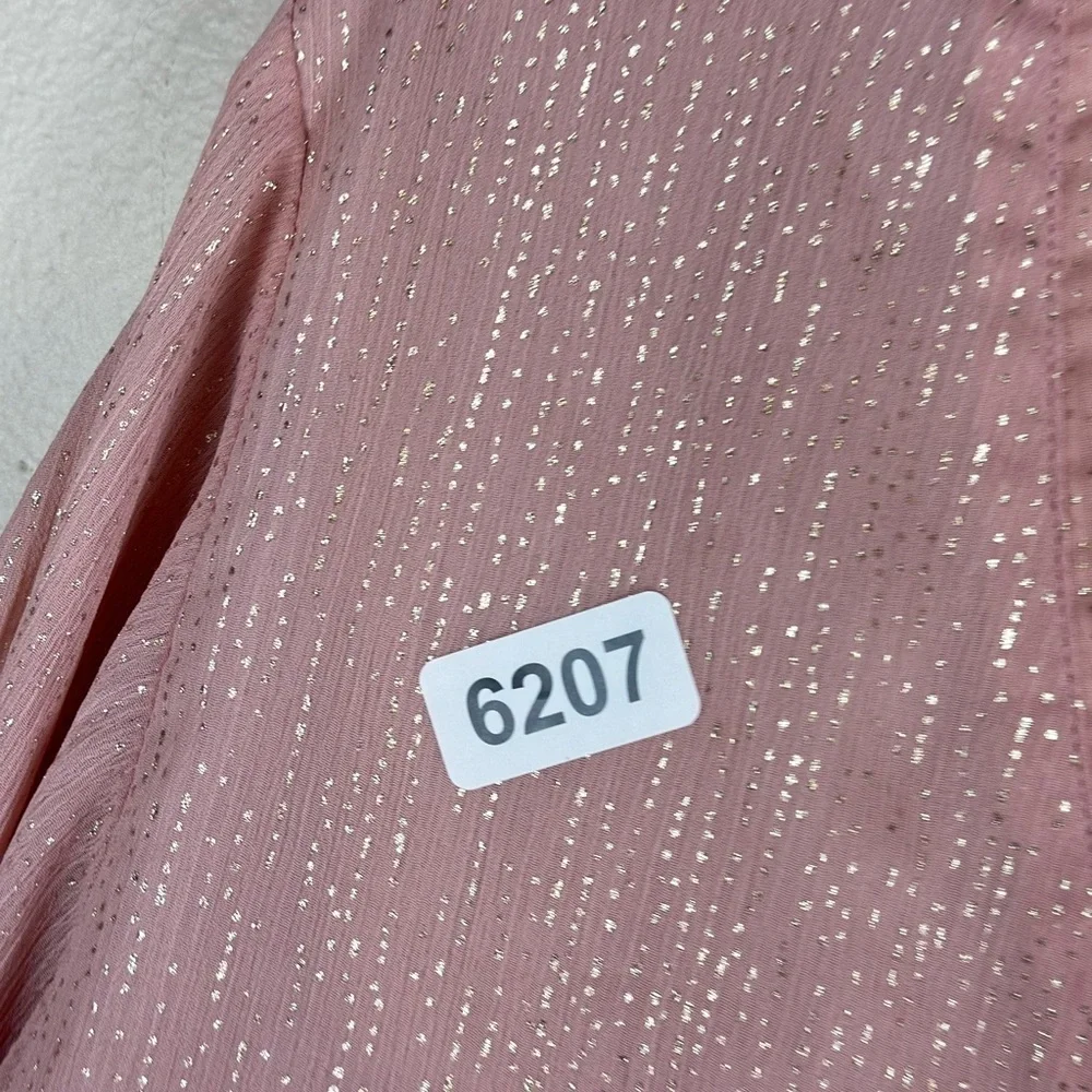 Entro large vneck pink/ gold 21 p2p 27” length shear sleeves preowned - Picture 2 of 7